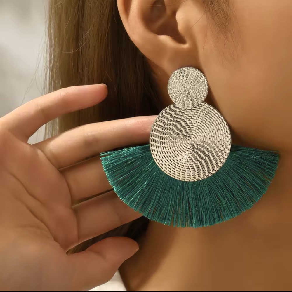 Green Tassel Statement Earrings 
Gold Circle Drop | Bold & Chic